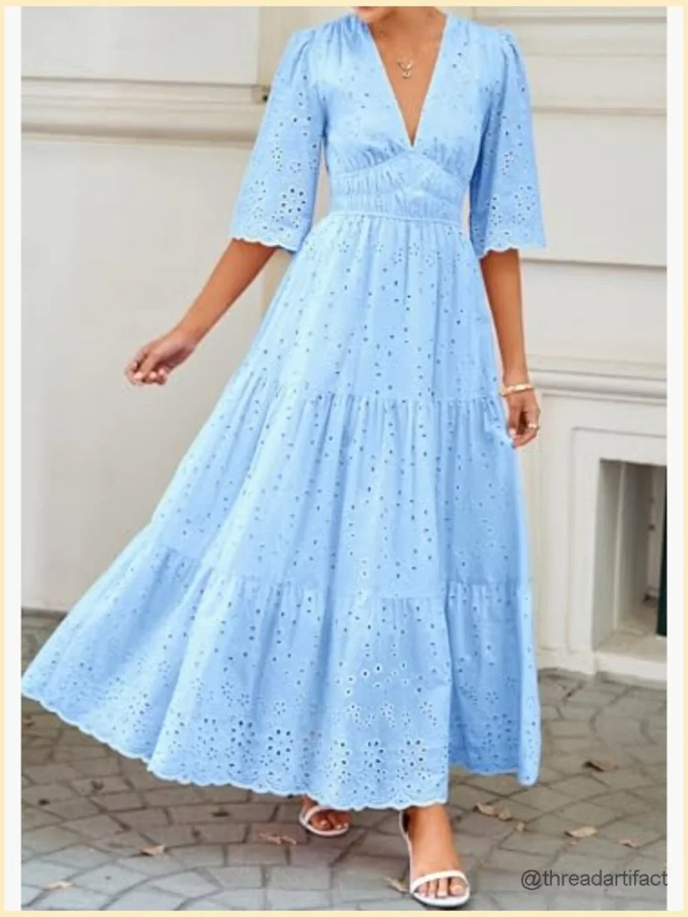 Long Sleeve V Neck Eyelet Ruffle Swing A-Line Boho Maxi Dress - Picture 2 of 7